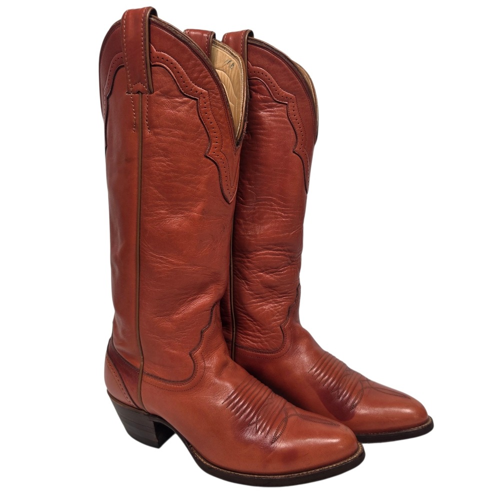 Vintage 80s Justin Boots Western Cowboy Boots Womens 6 B Goat Cognac Leather